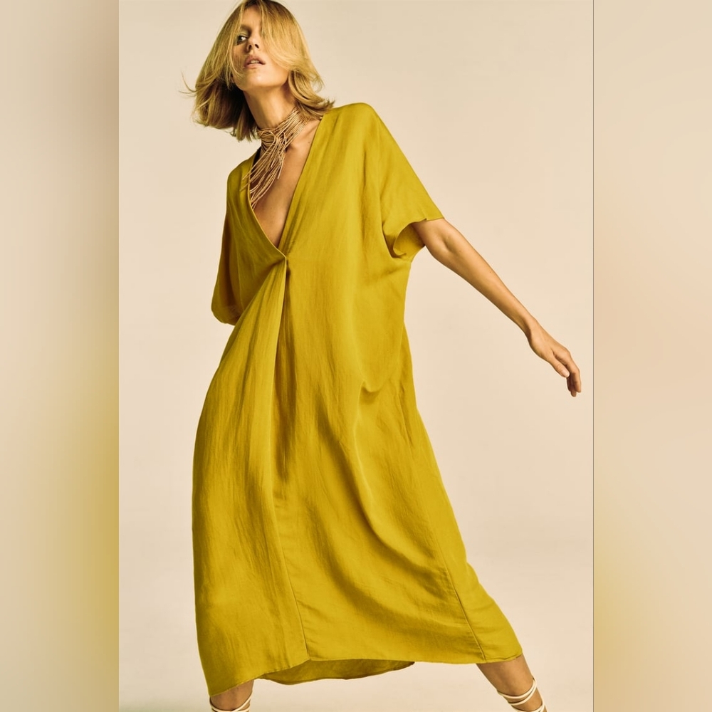 Zara Mustard Yellow V-Neck Midi Dress